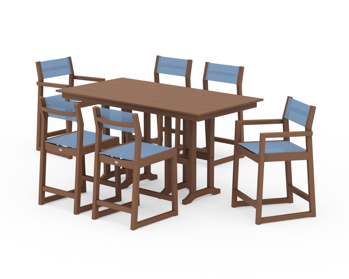 POLYWOOD EDGE Sling 7-Piece Farmhouse Counter Set with Trestle Legs in Teak / Poolside