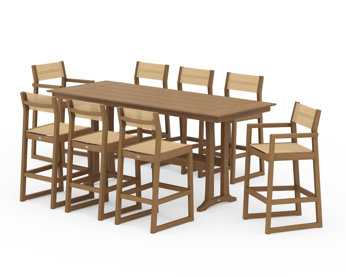 POLYWOOD EDGE Sling 9-Piece Farmhouse Bar Set with Trestle Legs in Natural / Dupioni Apricot