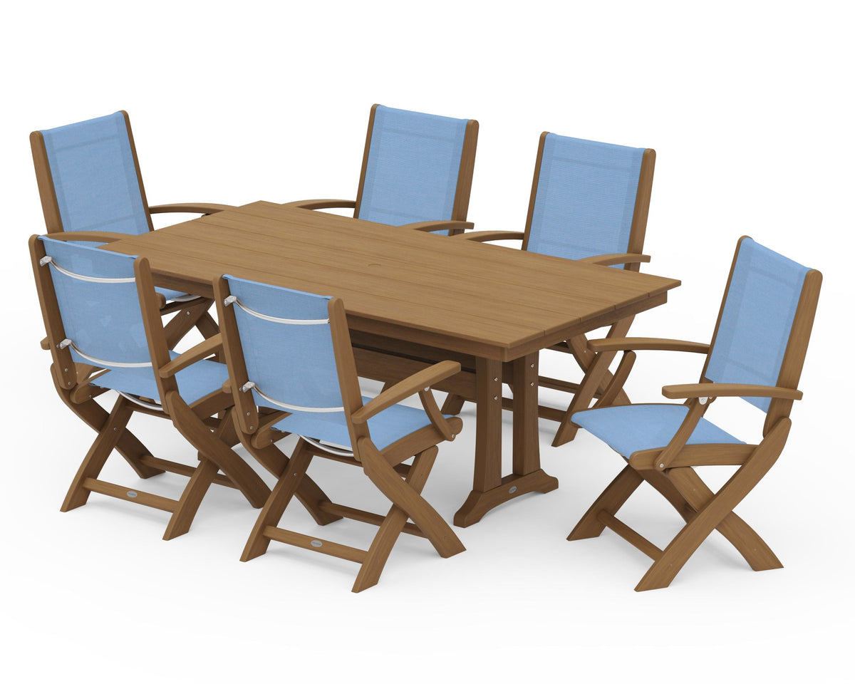 POLYWOOD Coastal Folding Arm Chair 7-Piece Farmhouse Dining Set with Trestle Legs in Natural / Poolside