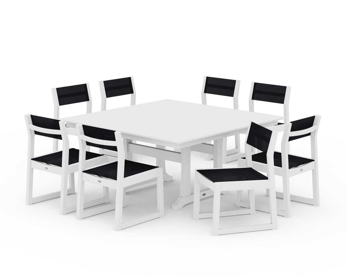POLYWOOD EDGE Sling Side Chair 9-Piece Farmhouse Trestle Dining Set in White / Black