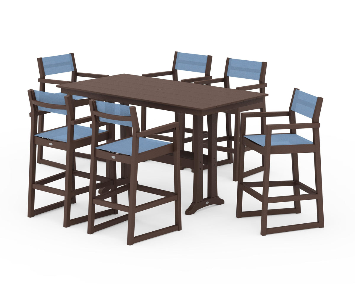 POLYWOOD EDGE Sling Arm Chair 7-Piece Farmhouse Bar Set with Trestle Legs in Mahogany / Poolside