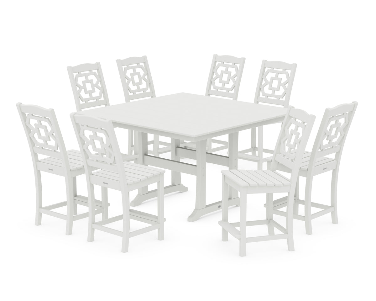 POLYWOOD Chinoiserie 9-Piece Square Farmhouse Side Chair Counter Set with Trestle Legs in Vintage White