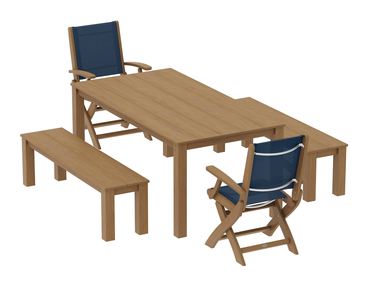 POLYWOOD Coastal Folding Chair 5-Piece Parsons Dining Set with Benches in Natural / Navy Blue