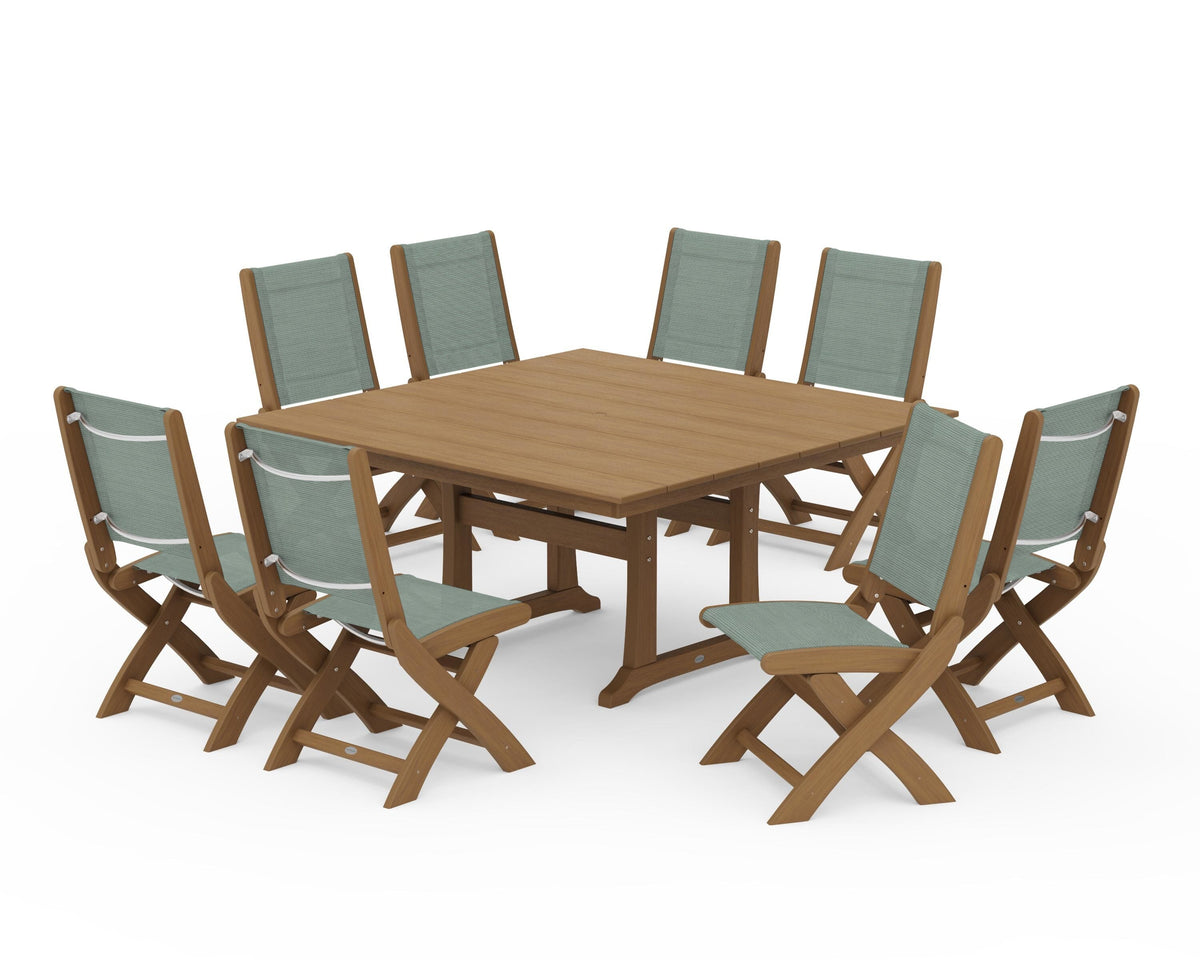 POLYWOOD Coastal Folding Side Chair 9-Piece Farmhouse Dining Set in Natural / Dupioni Sea Mist