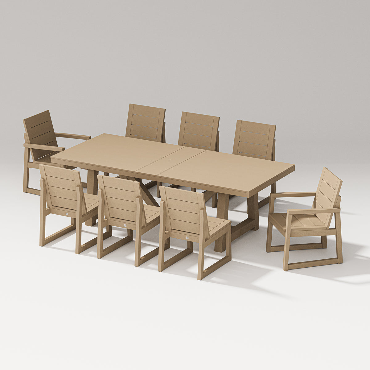 POLYWOOD PW Designer Series Elevate 9-Piece A-Frame Table Dining Set with PW Designer Series Elevate Dining Side Chair in Vintage Sahara