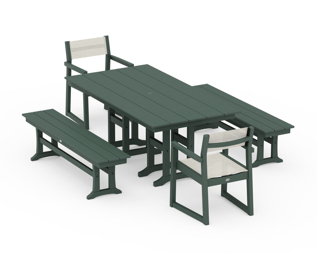 POLYWOOD EDGE Sling Arm Chair 5-Piece Farmhouse Dining Set with Benches in Green / Parchment