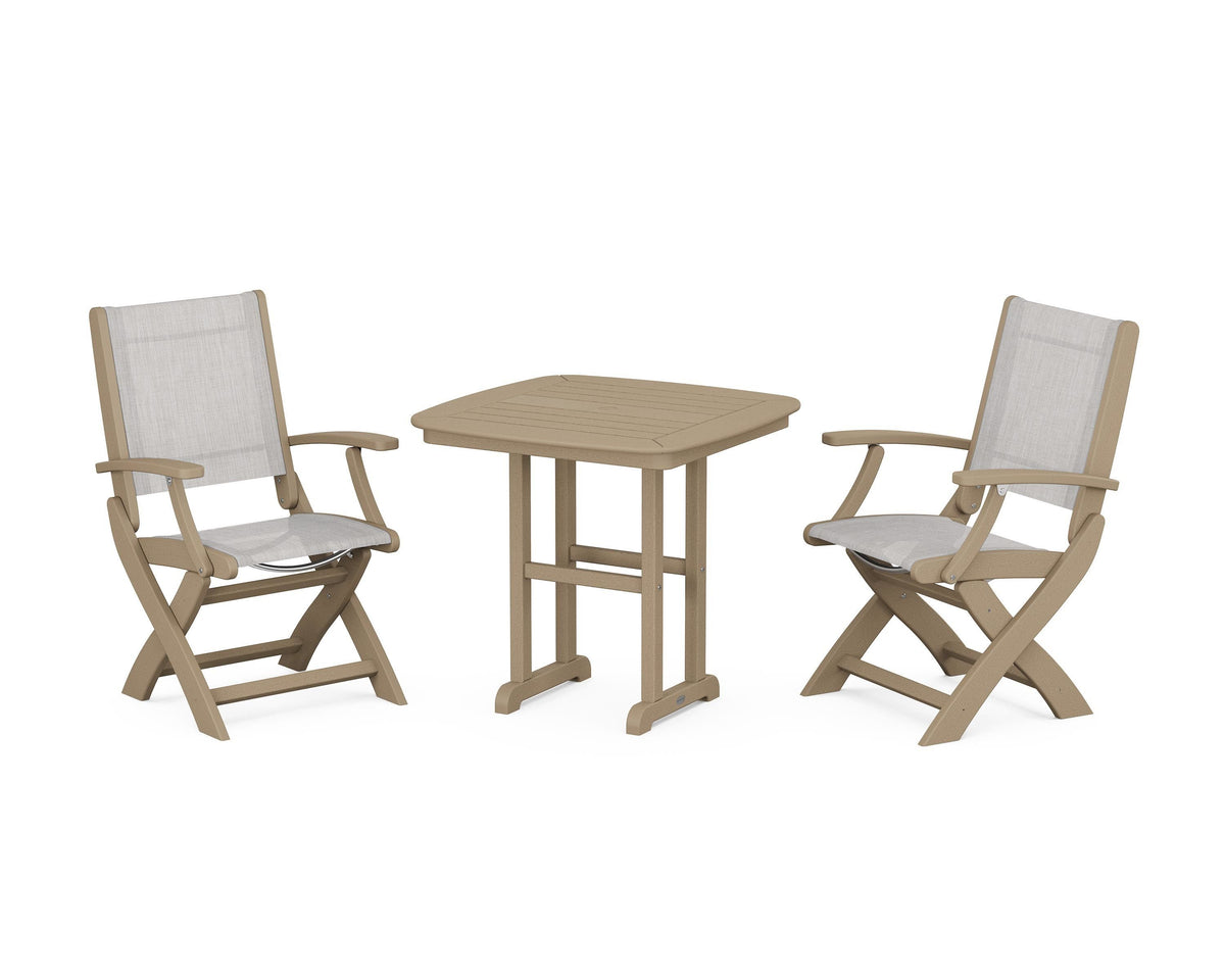 POLYWOOD Coastal Folding Chair 3-Piece Dining Set in Vintage Sahara / Parchment