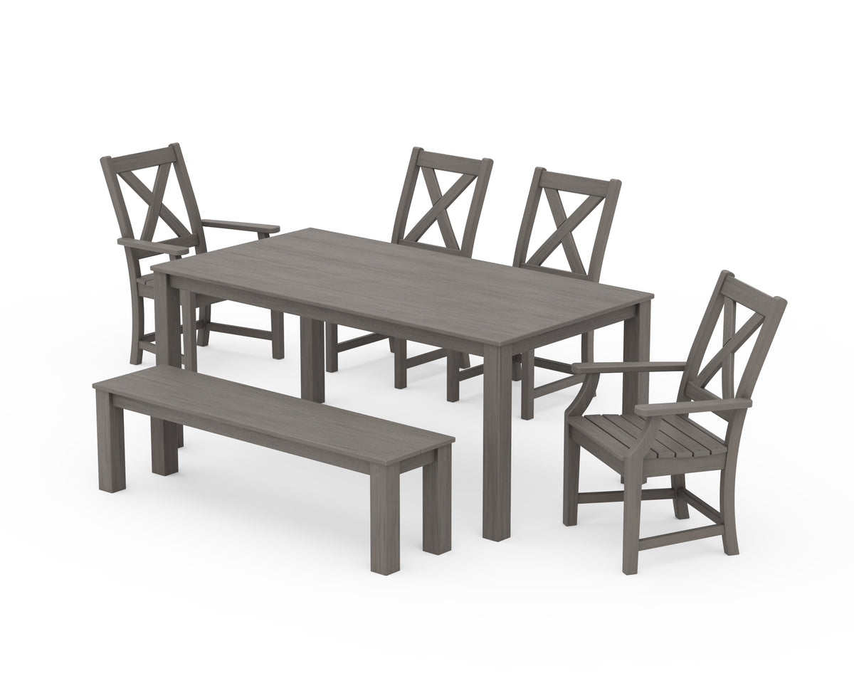 POLYWOOD Braxton 6-Piece Parsons Dining Set with Bench with Braxton Dining Side Chair in Driftwood