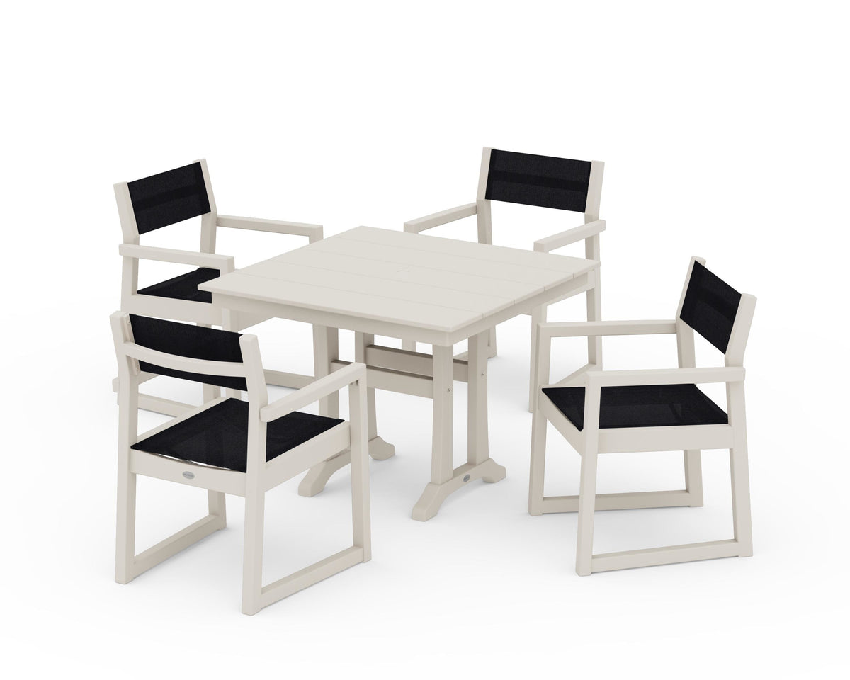 POLYWOOD EDGE Sling 5-Piece Farmhouse Dining Set with Trestle Legs in Sand / Black