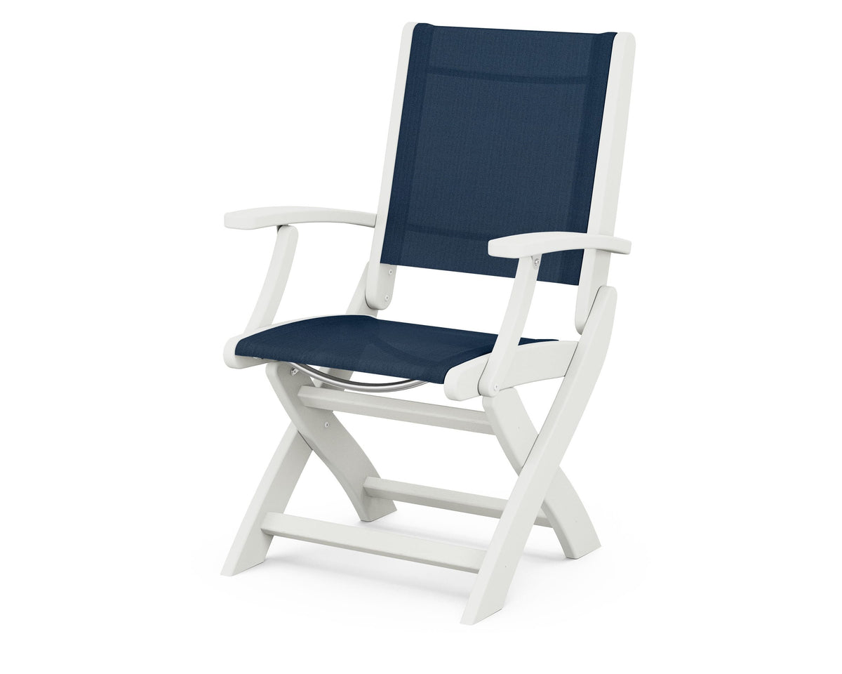 POLYWOOD Coastal Folding Chair in Vintage White with Vintage White arms and Navy Blue sling