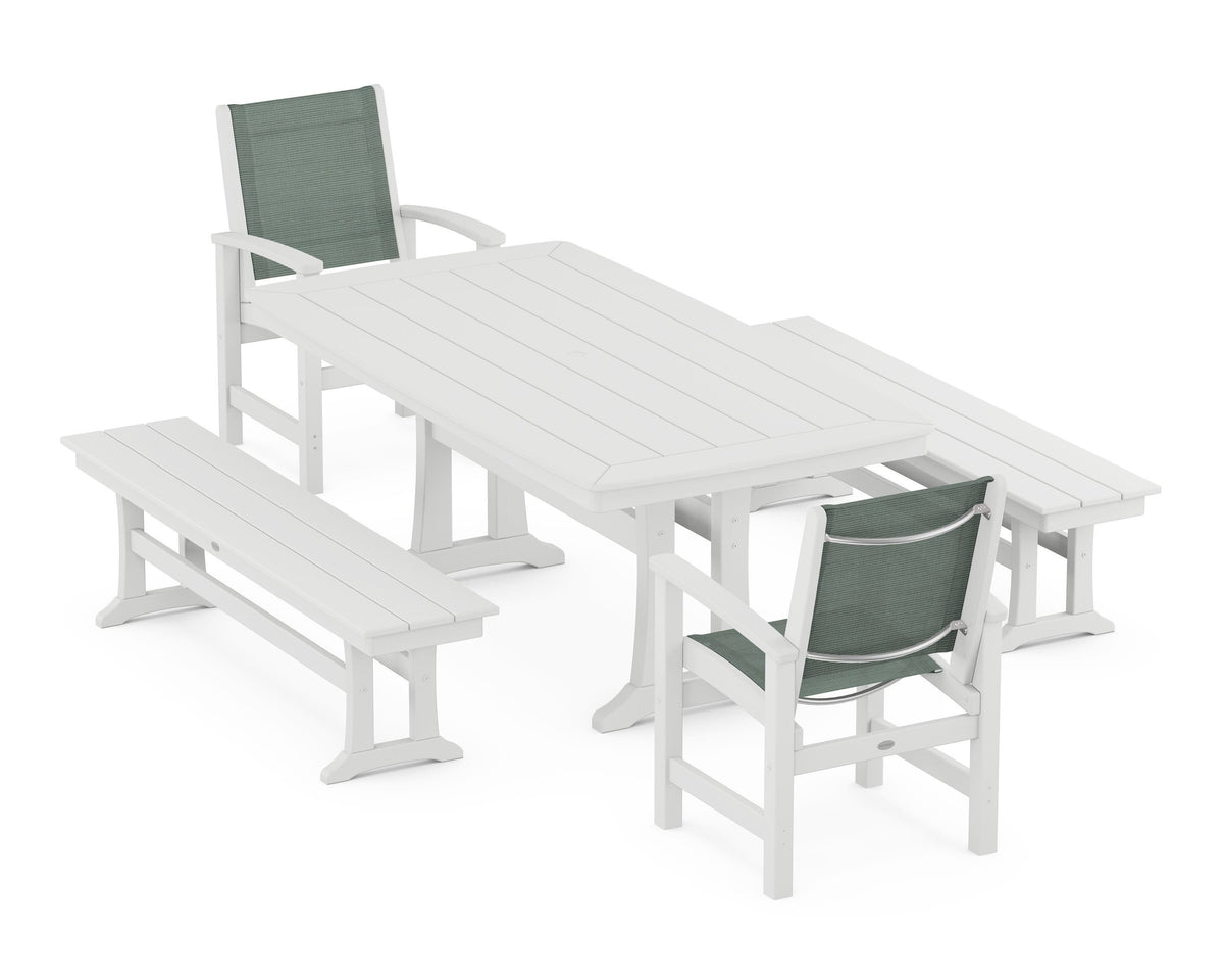 POLYWOOD Coastal 5-Piece Dining Set with Trestle Legs and Benches in White / Dupioni Sea Mist