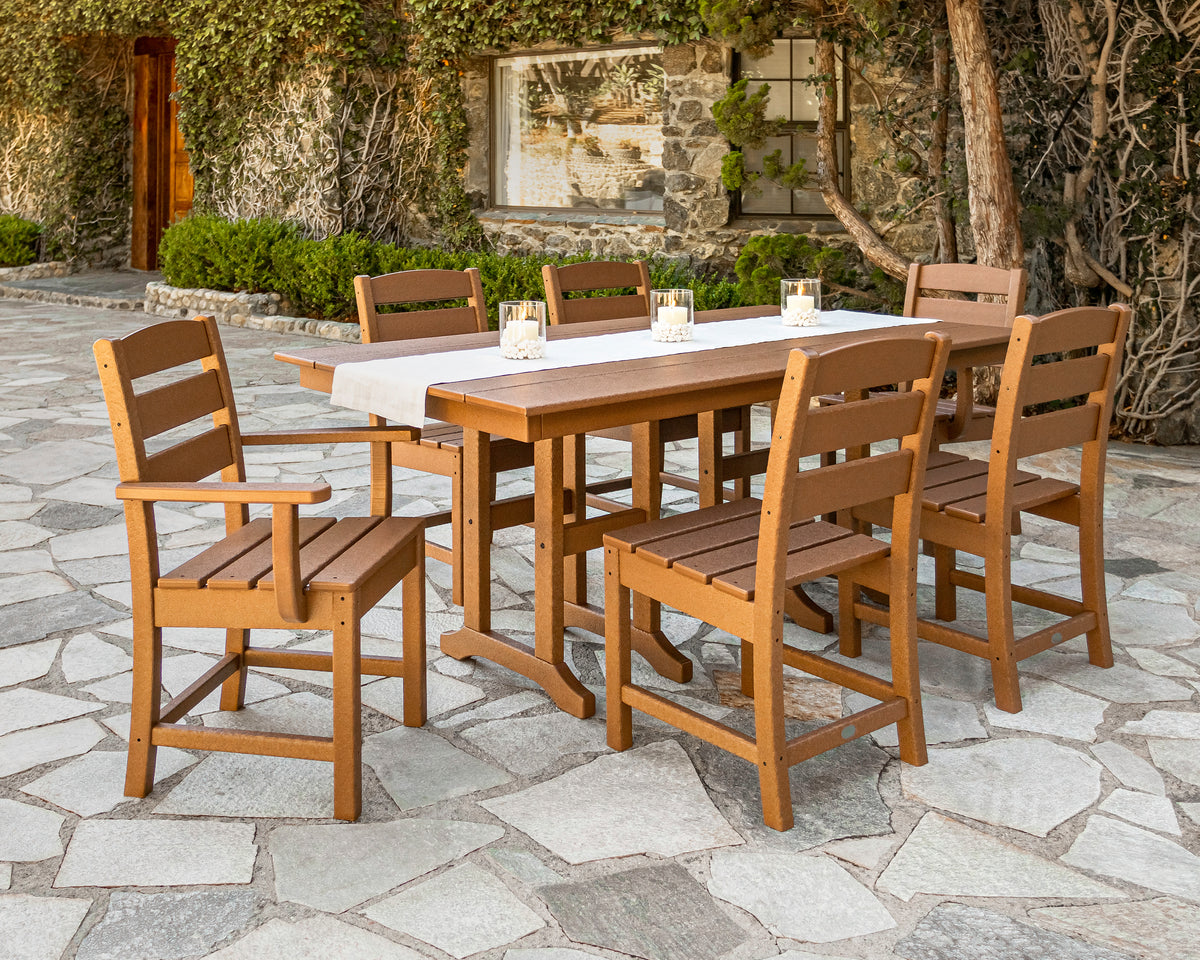 POLYWOOD Lakeside Dining Arm Chair in Teak in an outdoor setting