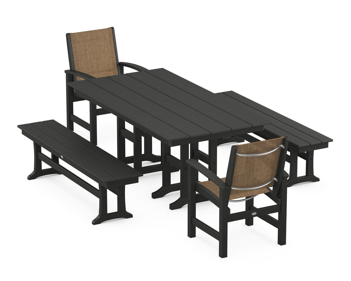 POLYWOOD Coastal 5-Piece Farmhouse Dining Set with Farmhouse 37" x 72" Dining Table in Black / Burlap