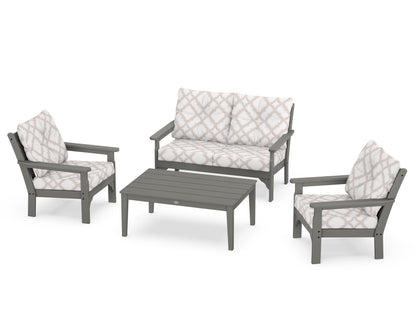 POLYWOOD Vineyard 4-Piece Deep Seating Set with Two Chairs and Loveseat in Slate Grey / Trellis Dune Burlap