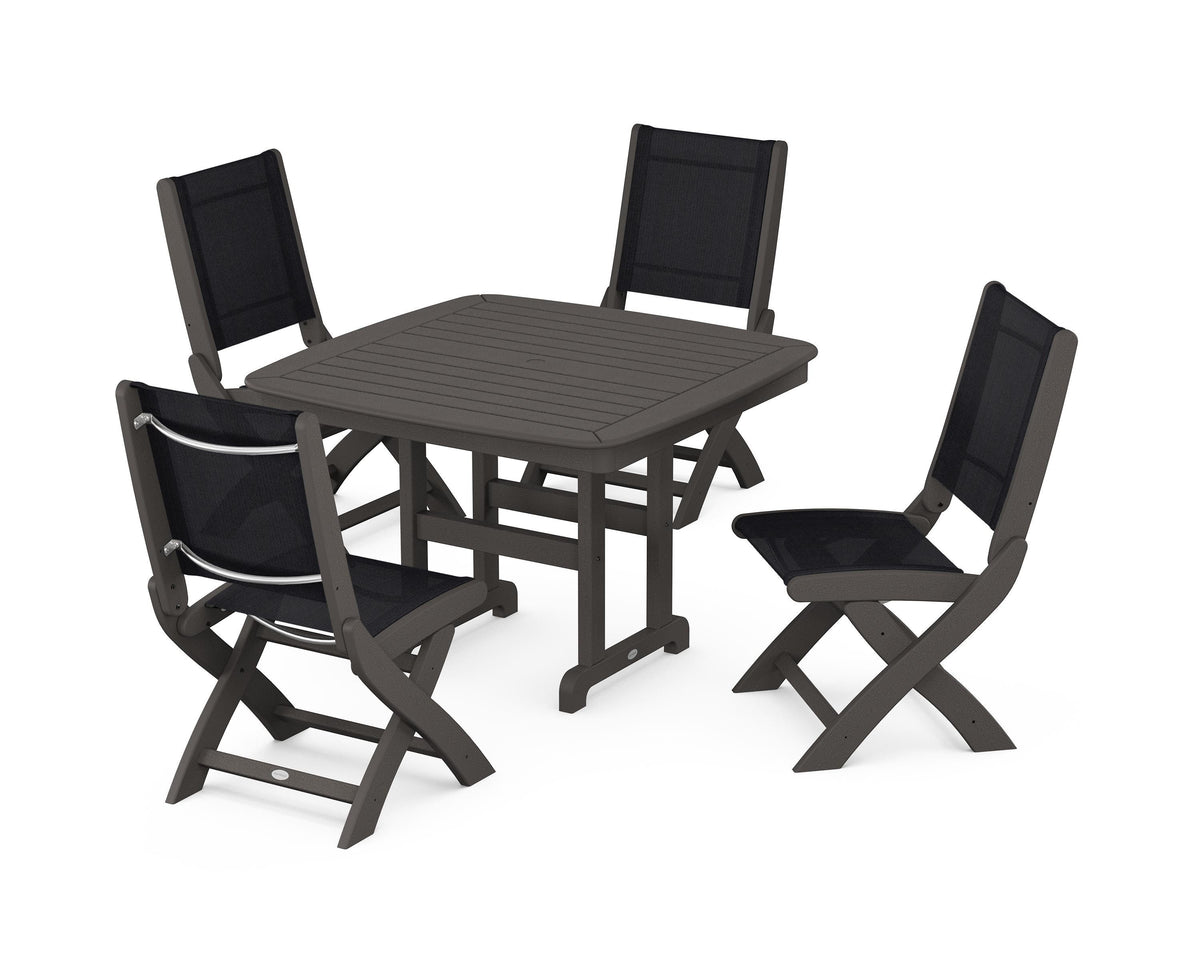 POLYWOOD Coastal Folding Side Chair 5-Piece Dining Set with Nautical 44" Dining Table in Vintage Coffee / Black