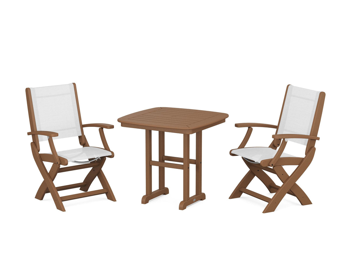POLYWOOD Coastal Folding Chair 3-Piece Dining Set in Teak / White