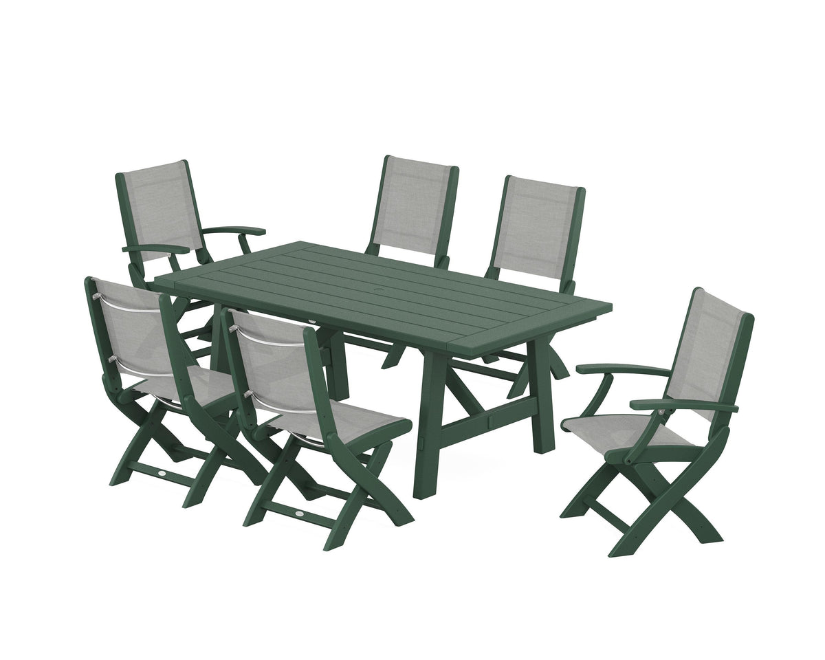 POLYWOOD Coastal Folding Chair 7-Piece Rustic Farmhouse Dining Set in Green / Metallic