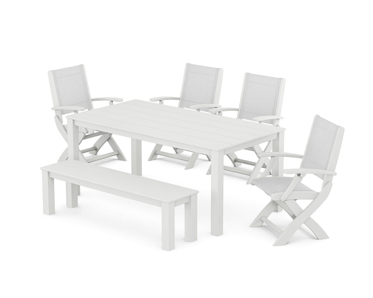 POLYWOOD Coastal Folding Chair 6-Piece Parsons Dining Set with Bench in White / White