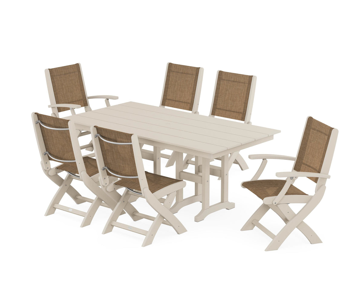 POLYWOOD Coastal Folding Chair 7-Piece Farmhouse Dining Set in Sand / Burlap