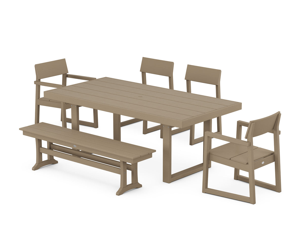 POLYWOOD EDGE 6-Piece Dining Set with Bench (EDGE 40" x 78" Table) in Vintage Sahara