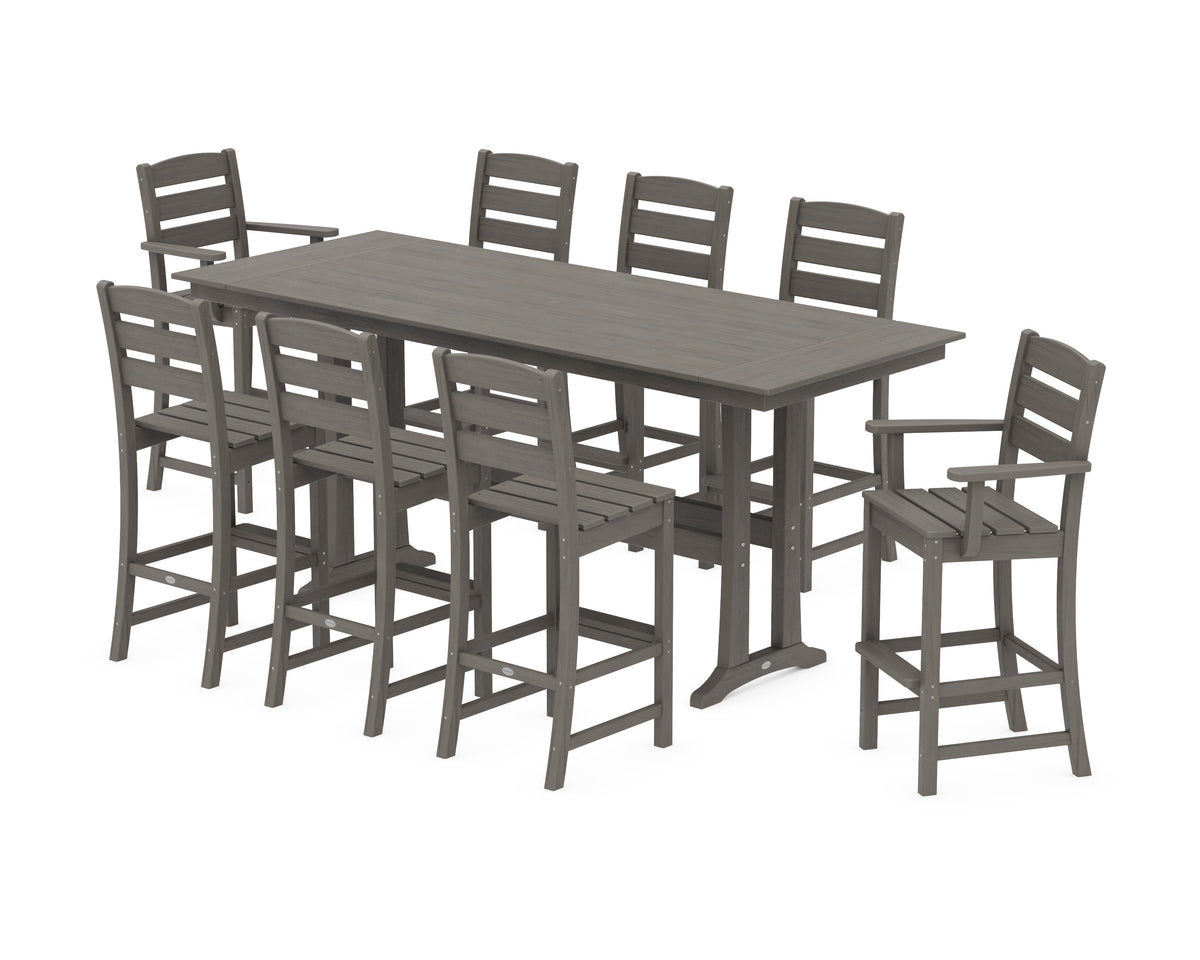 POLYWOOD Lakeside 9-Piece Farmhouse Bar Set with Trestle Legs in Driftwood