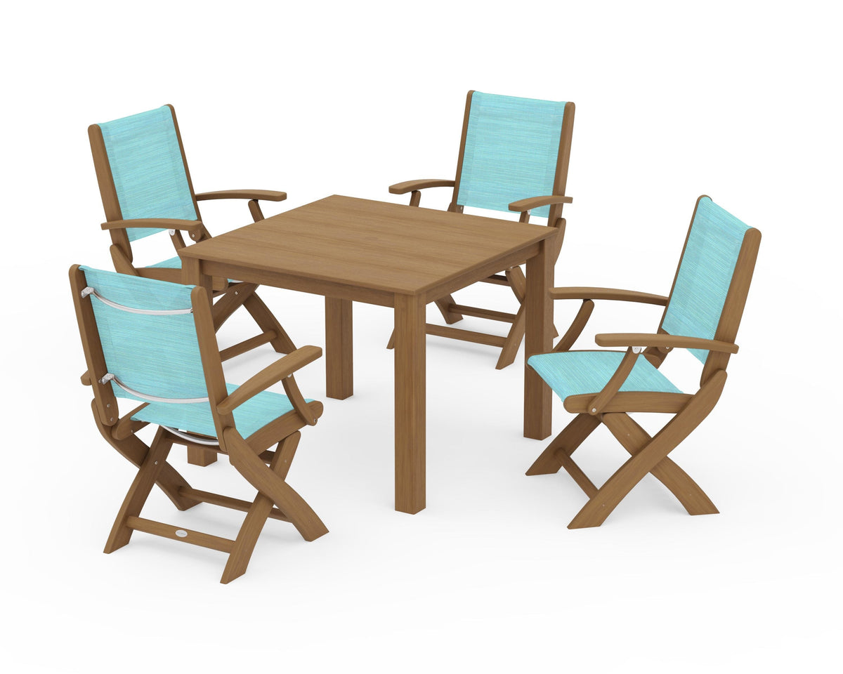 POLYWOOD Coastal Folding Chair 5-Piece Parsons Dining Set in Natural / Dupioni Aquamarine