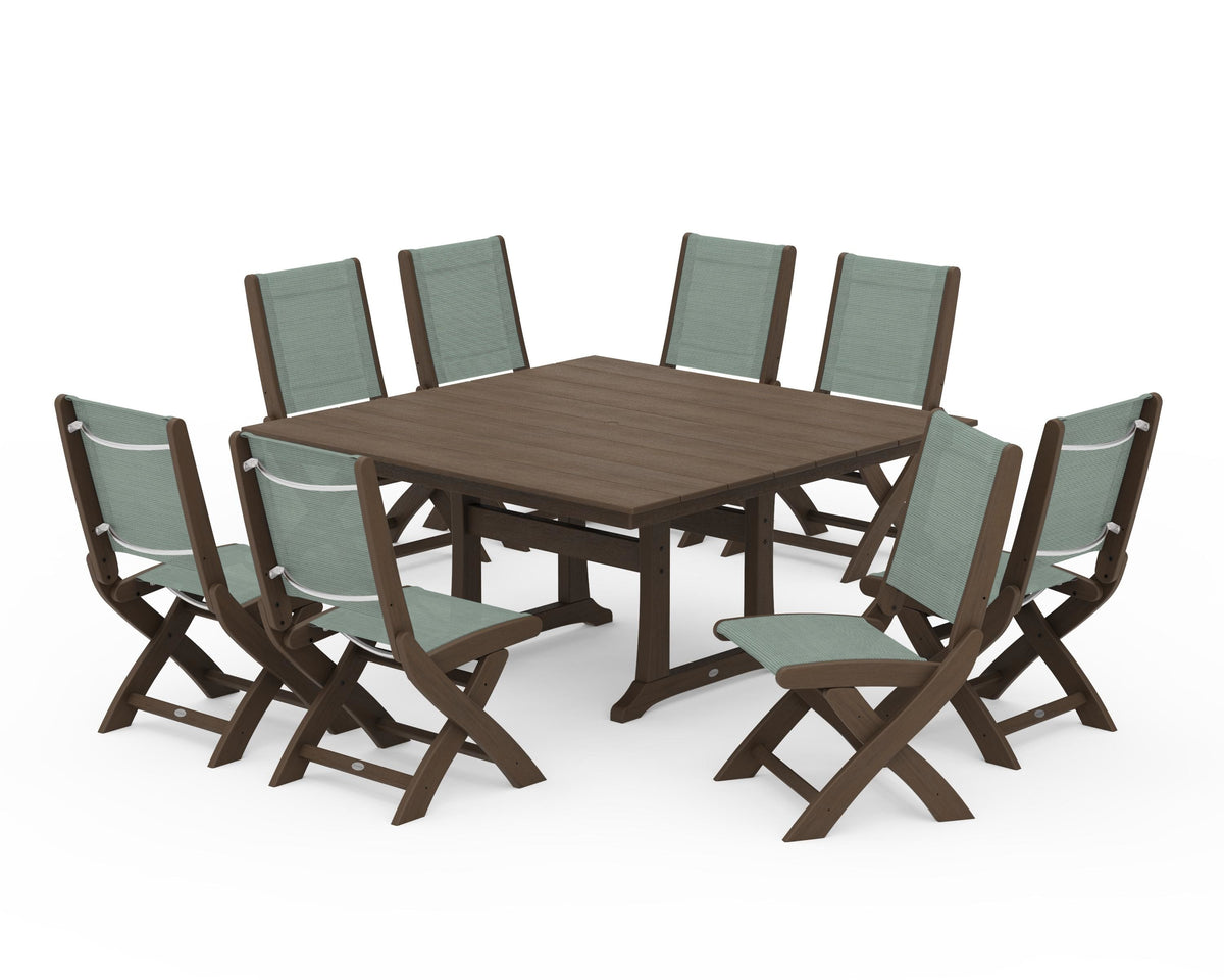 POLYWOOD Coastal Folding Side Chair 9-Piece Farmhouse Dining Set in Kona / Dupioni Sea Mist