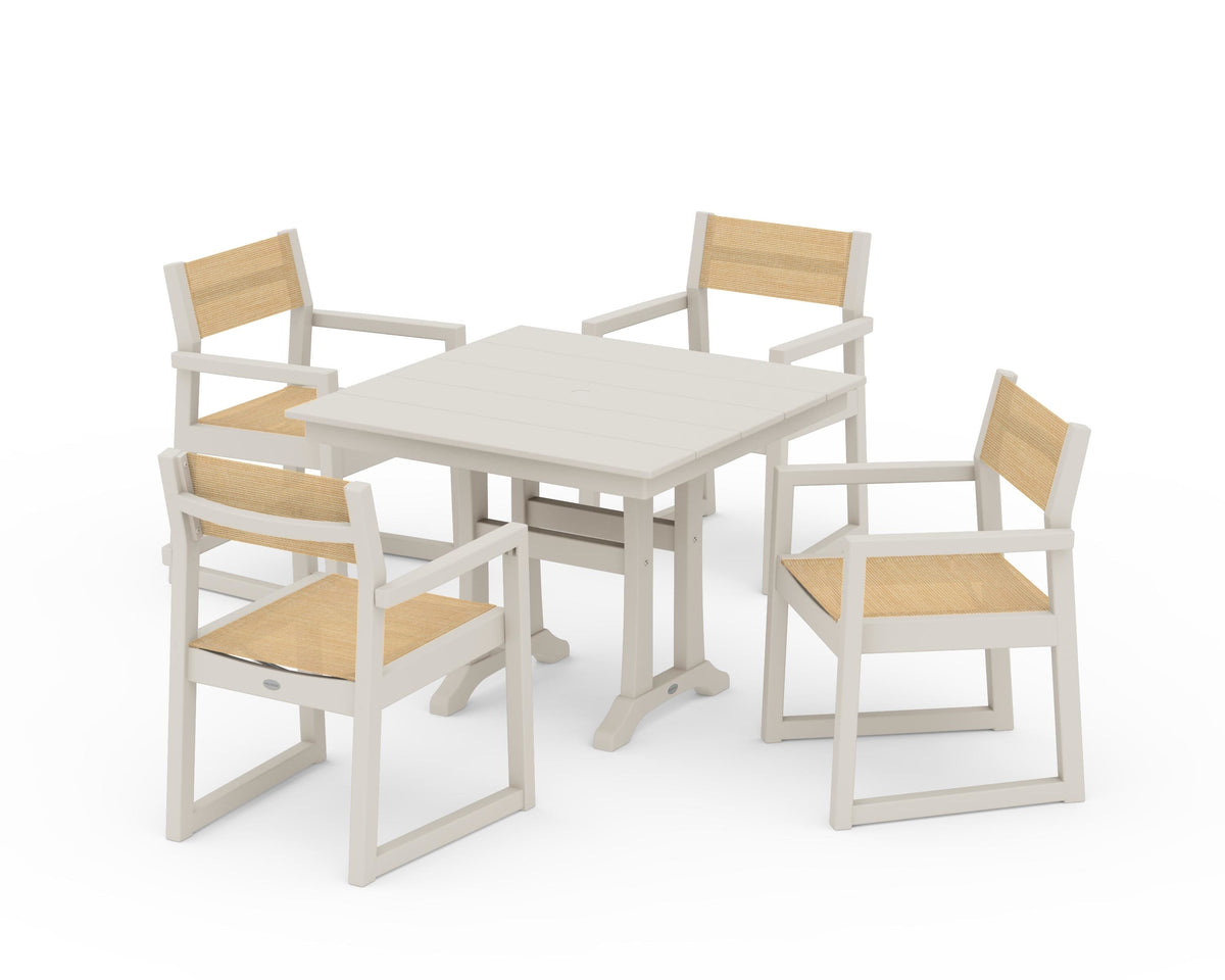 POLYWOOD EDGE Sling 5-Piece Farmhouse Dining Set with Trestle Legs in Sand / Dupioni Apricot