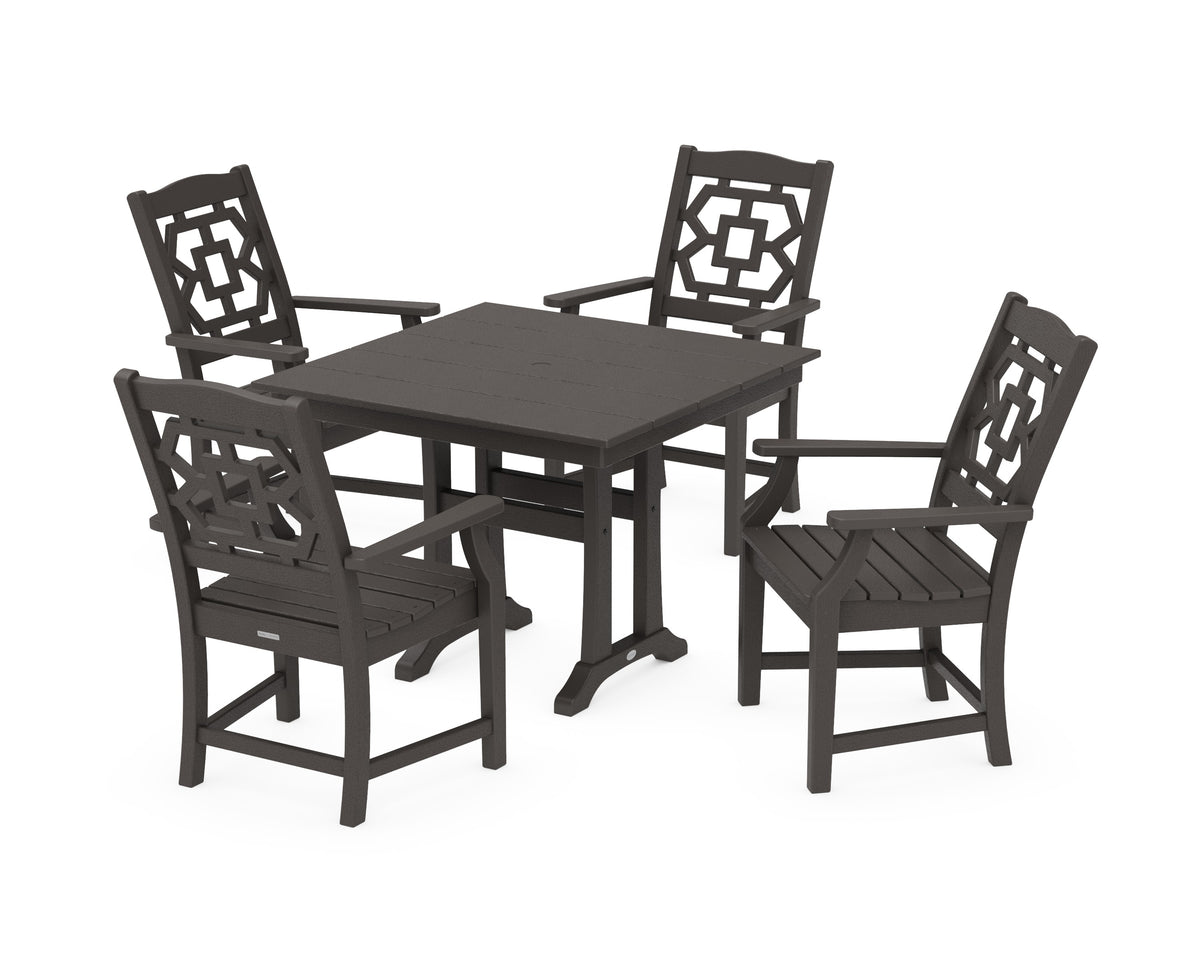 POLYWOOD Chinoiserie 5-Piece Farmhouse Dining Set with Trestle Legs in Vintage Coffee
