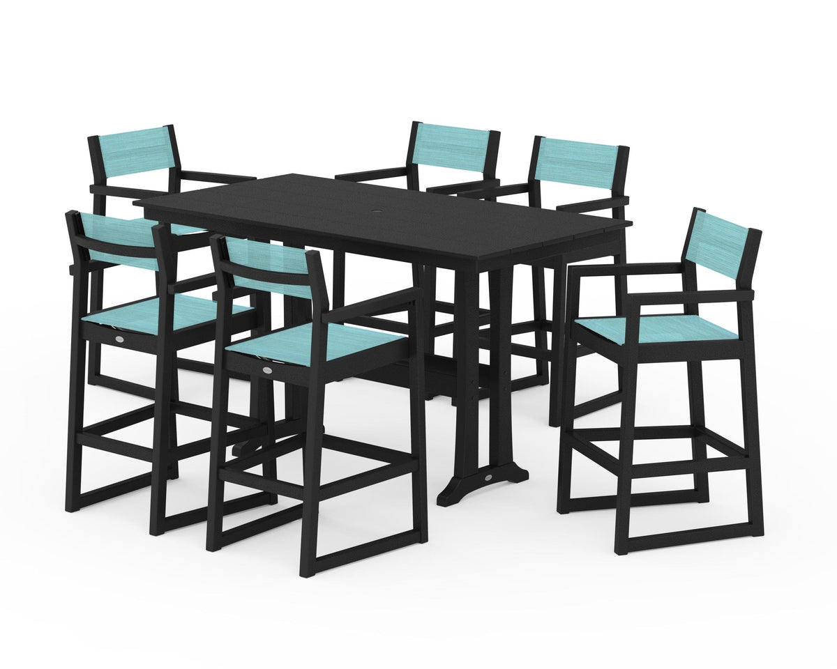 POLYWOOD EDGE Sling Arm Chair 7-Piece Farmhouse Bar Set with Trestle Legs in Black / Dupioni Aquamarine