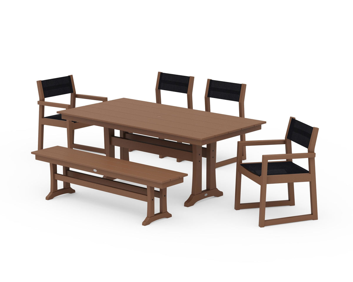 POLYWOOD EDGE Sling 6-Piece Farmhouse Dining Set With Trestle Legs in Teak / Black