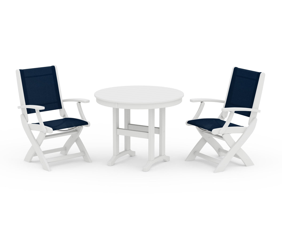 POLYWOOD Coastal Folding Chair 3-Piece Round Dining Set in White / Navy Blue