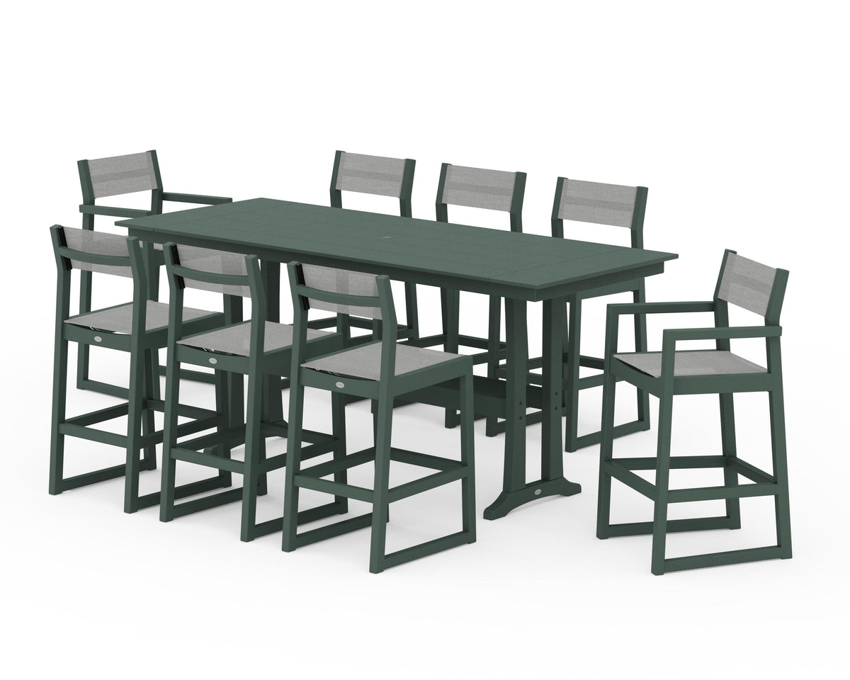 POLYWOOD EDGE Sling 9-Piece Farmhouse Bar Set with Trestle Legs in Green / Metallic