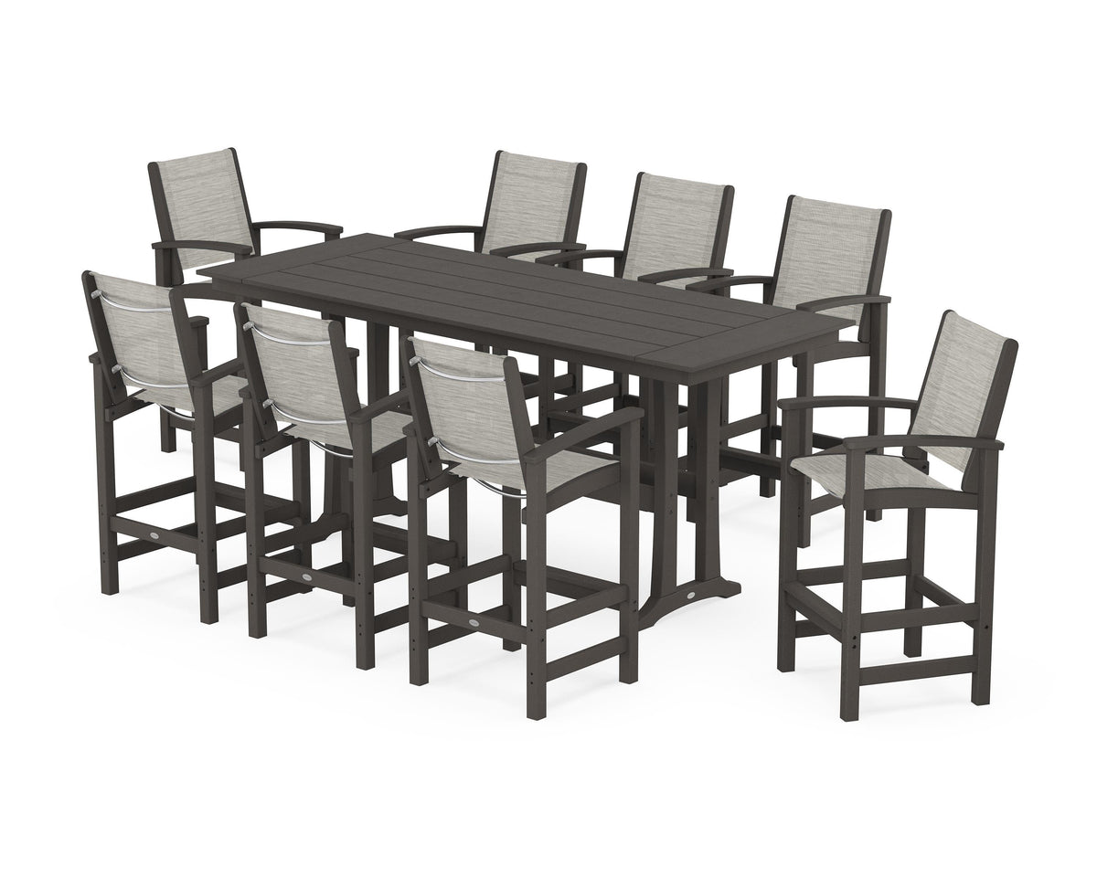 POLYWOOD Coastal 9-Piece Farmhouse Bar Set with Trestle Legs in Vintage Coffee / Birch