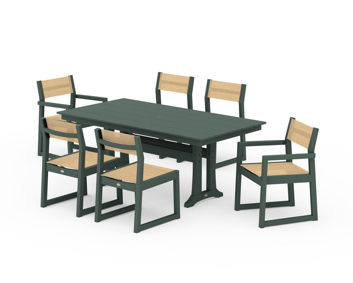 POLYWOOD EDGE Sling 7-Piece Farmhouse Trestle Dining Set in Green / Dupioni Apricot