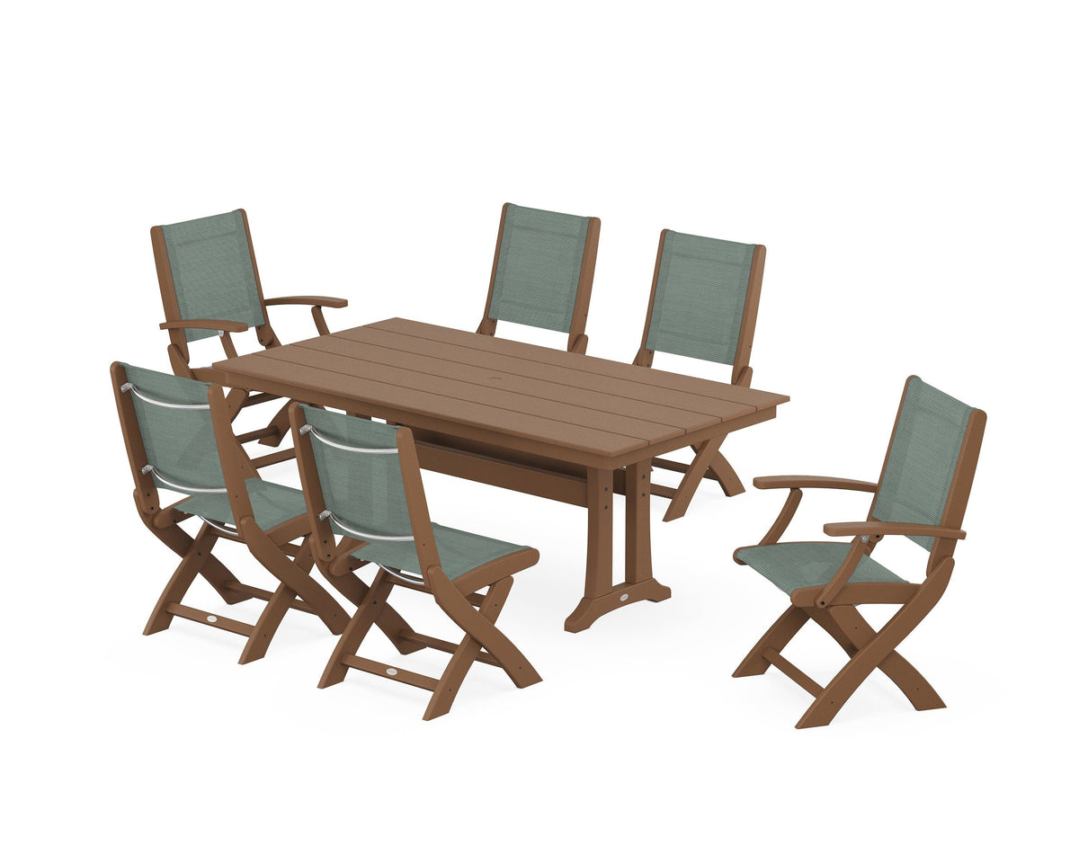 POLYWOOD Coastal Folding Chair 7-Piece Farmhouse Dining Set with Trestle Legs in Teak / Dupioni Sea Mist