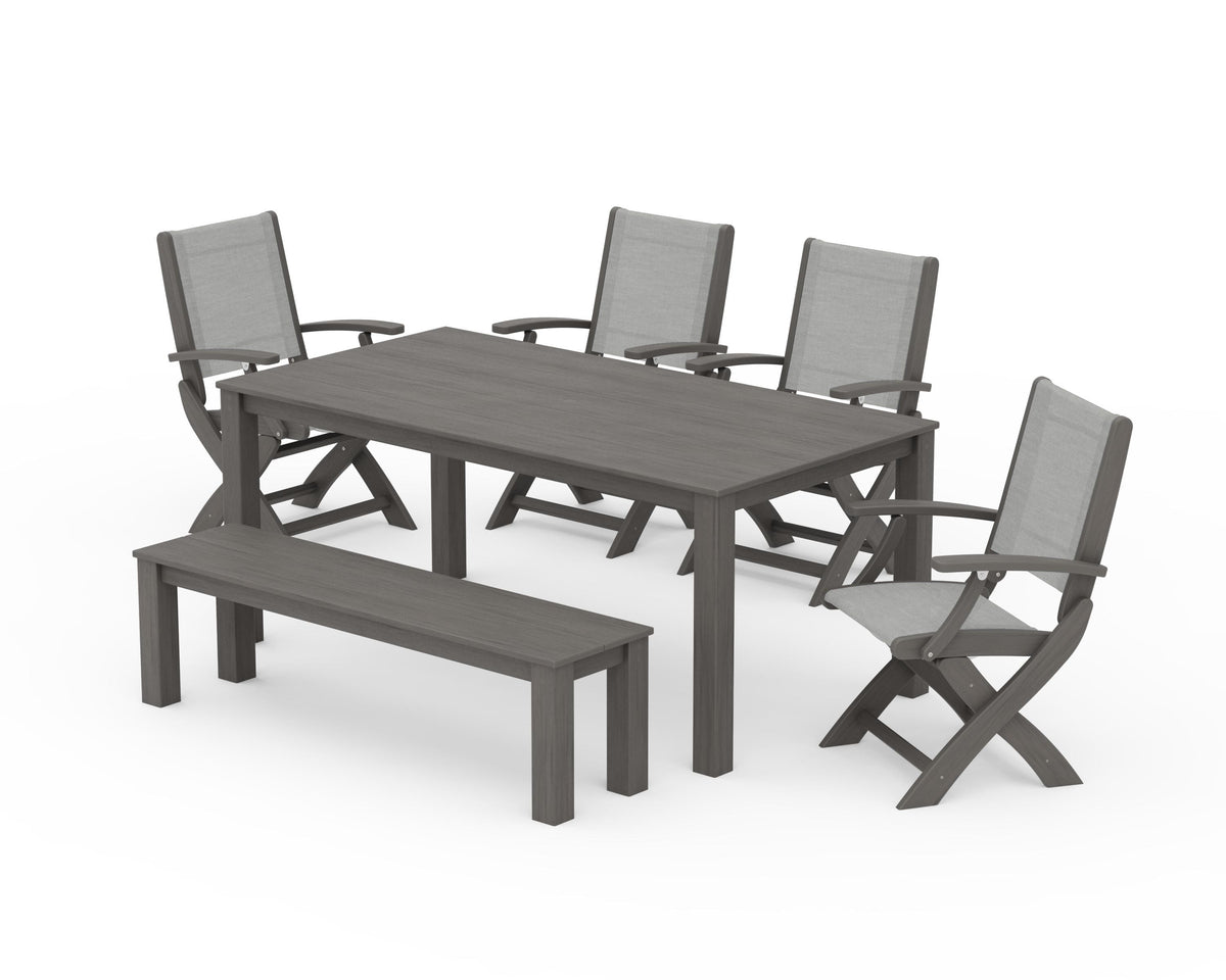 POLYWOOD Coastal Folding Chair 6-Piece Parsons Dining Set with Bench in Driftwood / Metallic