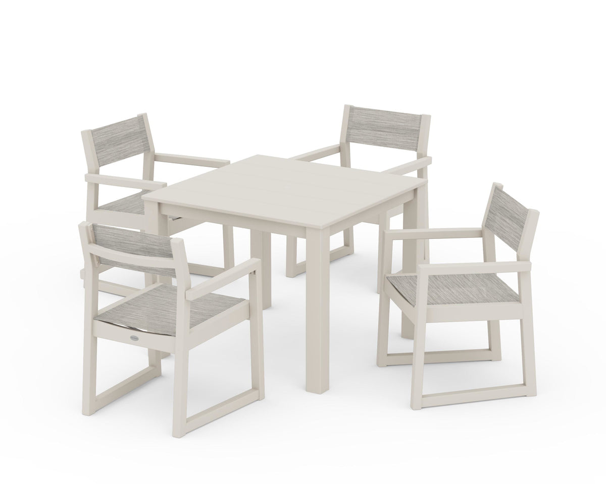 POLYWOOD EDGE Sling Arm Chair 5-Piece Parsons Dining Set in Sand / Birch