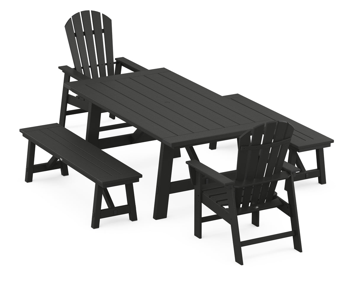 POLYWOOD South Beach 5-Piece Rustic Farmhouse Dining Set with Benches in Black