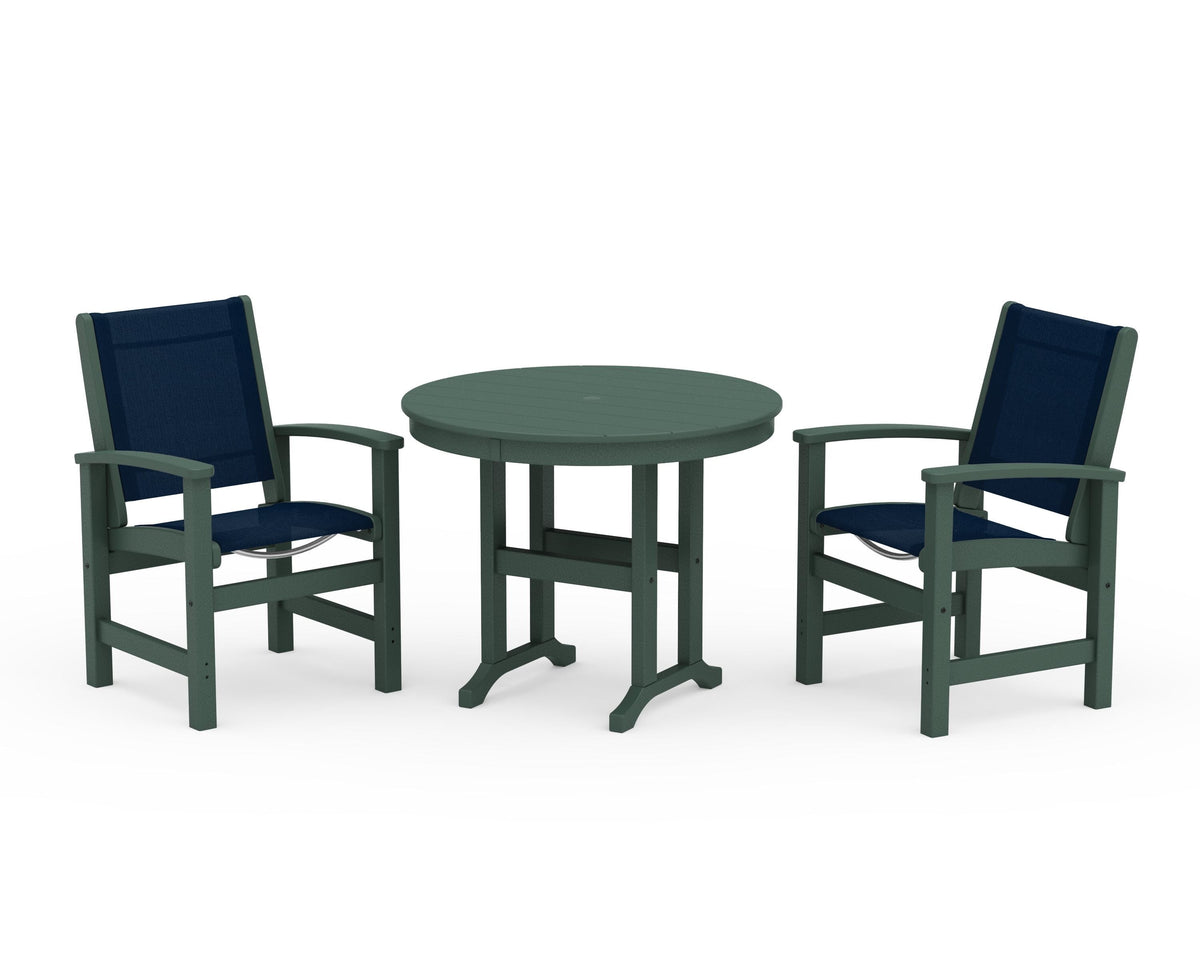 POLYWOOD Coastal 3-Piece Round Dining Set in Green / Navy Blue