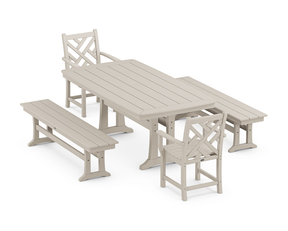 POLYWOOD Chippendale 5-Piece Dining Set with Trestle Legs - 38" x 73" Table in Sand