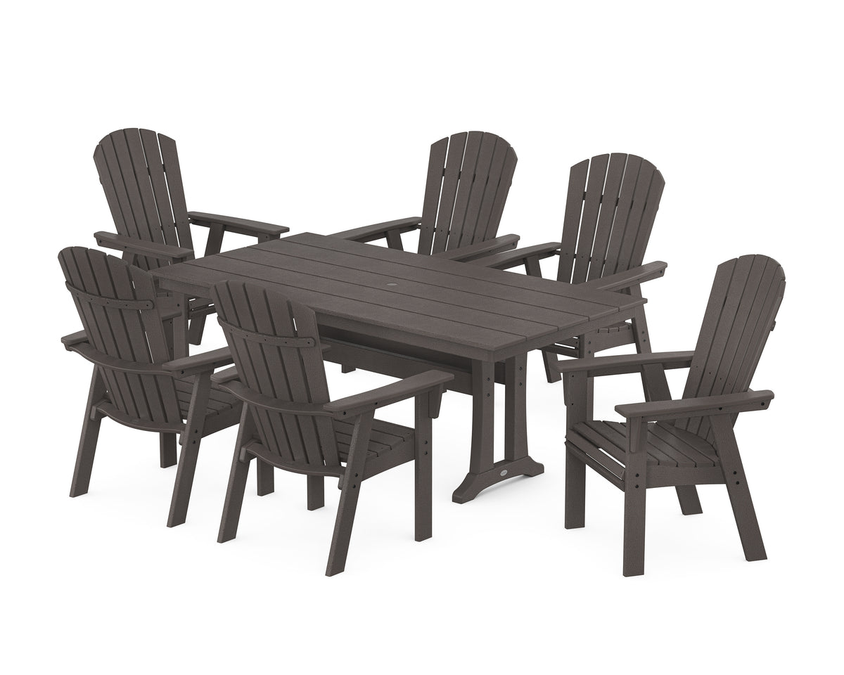 POLYWOOD Nautical Curveback Adirondack 7-Piece Farmhouse Dining Set with Trestle Legs in Vintage Coffee
