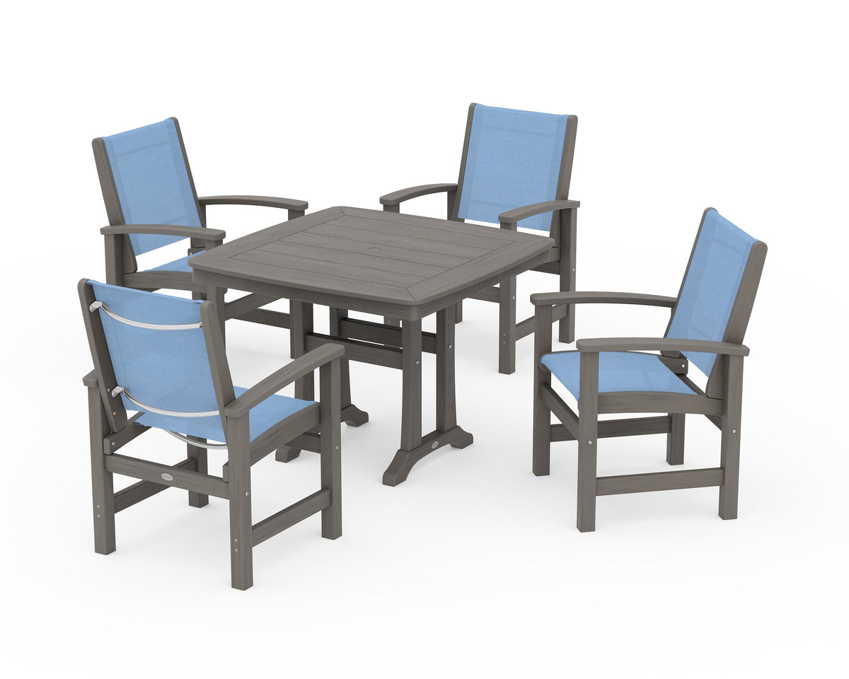 POLYWOOD Coastal 5-Piece Dining Set with Trestle Legs with Nautical Trestle 37" Dining Table in Driftwood / Poolside