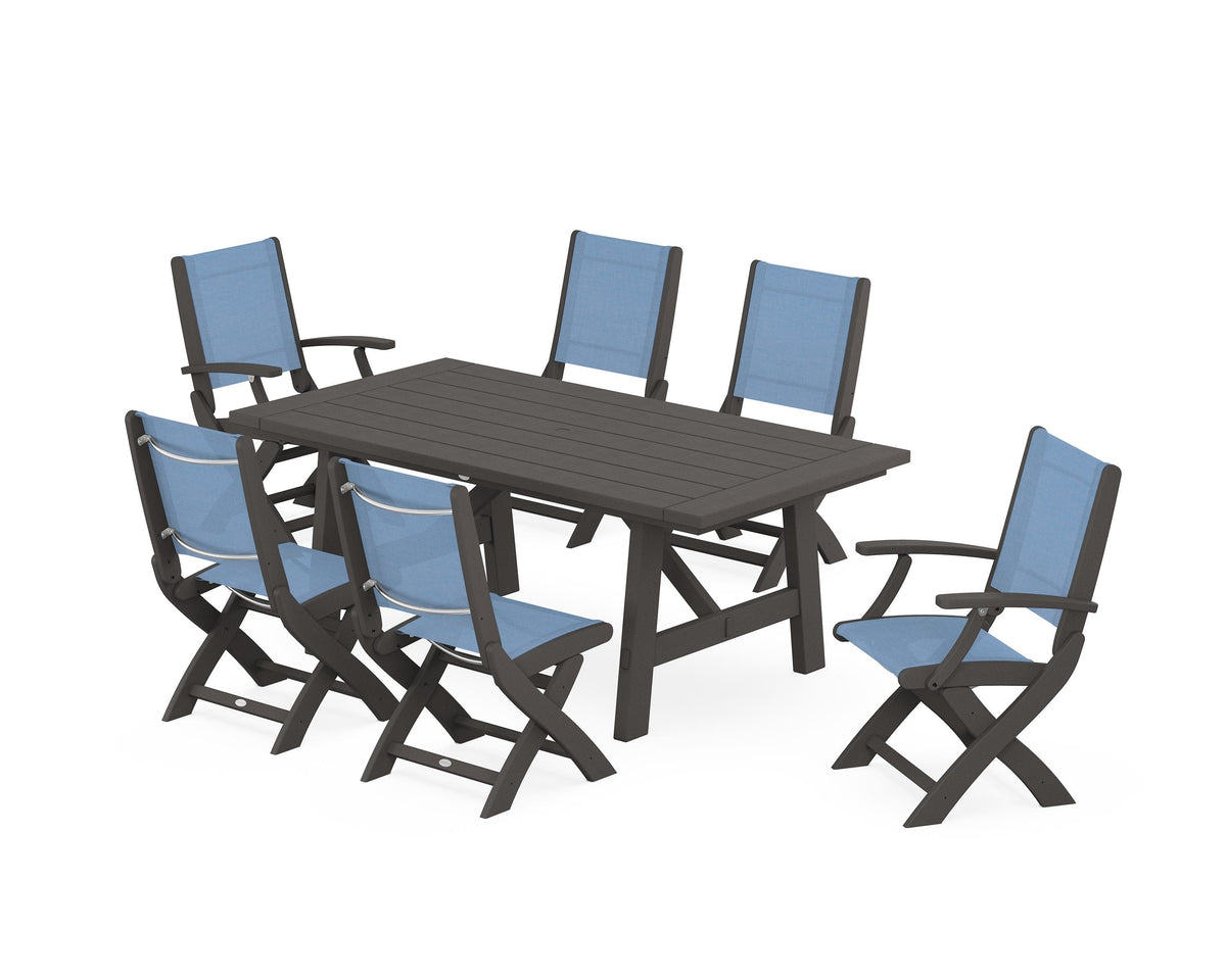 POLYWOOD Coastal Folding Chair 7-Piece Rustic Farmhouse Dining Set in Vintage Coffee / Poolside