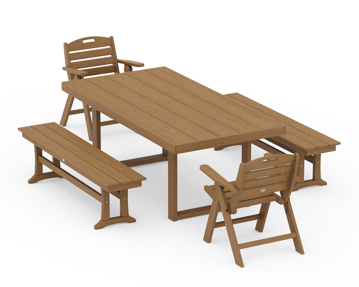POLYWOOD Nautical Lowback 5-Piece Dining Set with Benches - 39" x 78" Table in Natural