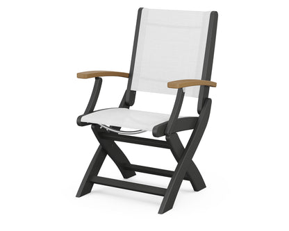 POLYWOOD Coastal Folding Chair in Black with Natural arms and White sling