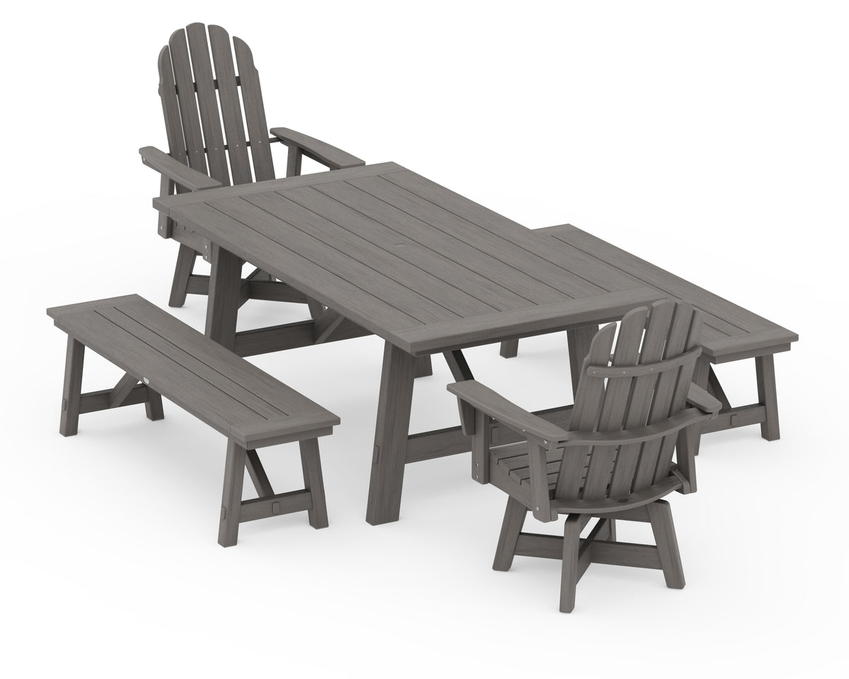 POLYWOOD Vineyard Curveback Adirondack Swivel Chair 5-Piece Rustic Farmhouse Dining Set with Benches in Driftwood