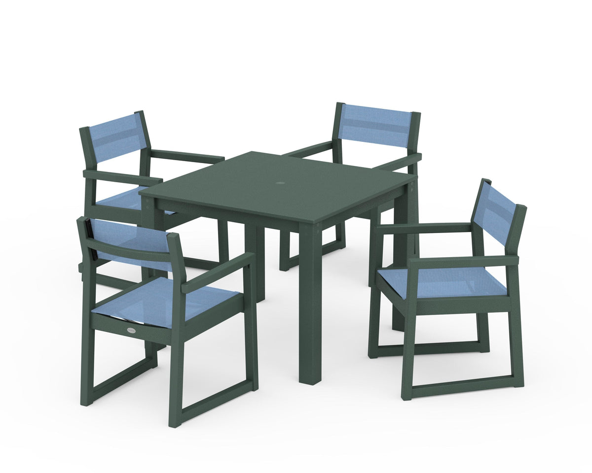 POLYWOOD EDGE Sling Arm Chair 5-Piece Parsons Dining Set in Green / Poolside