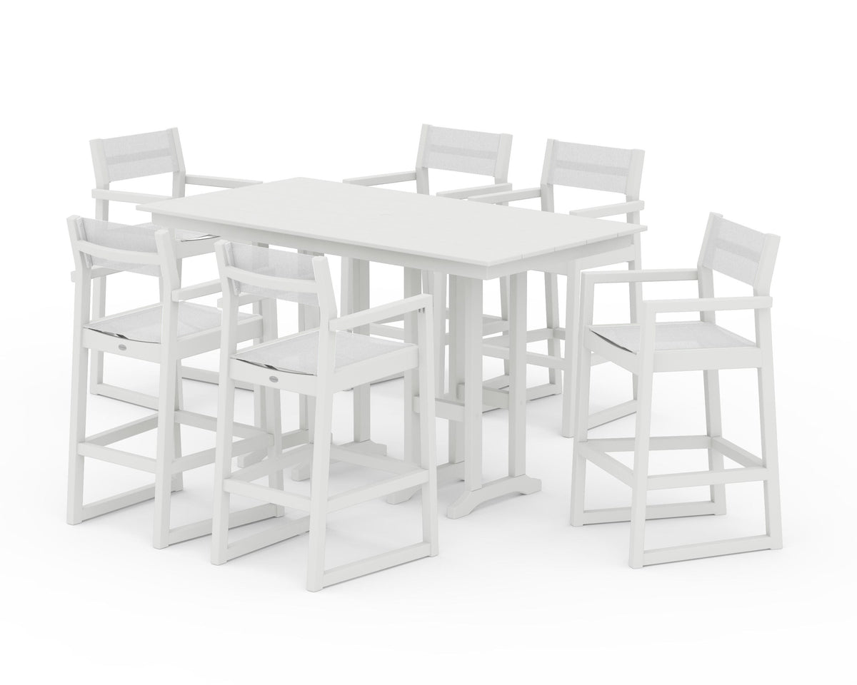POLYWOOD EDGE Sling Arm Chair 7-Piece Farmhouse Bar Set in Vintage White / White