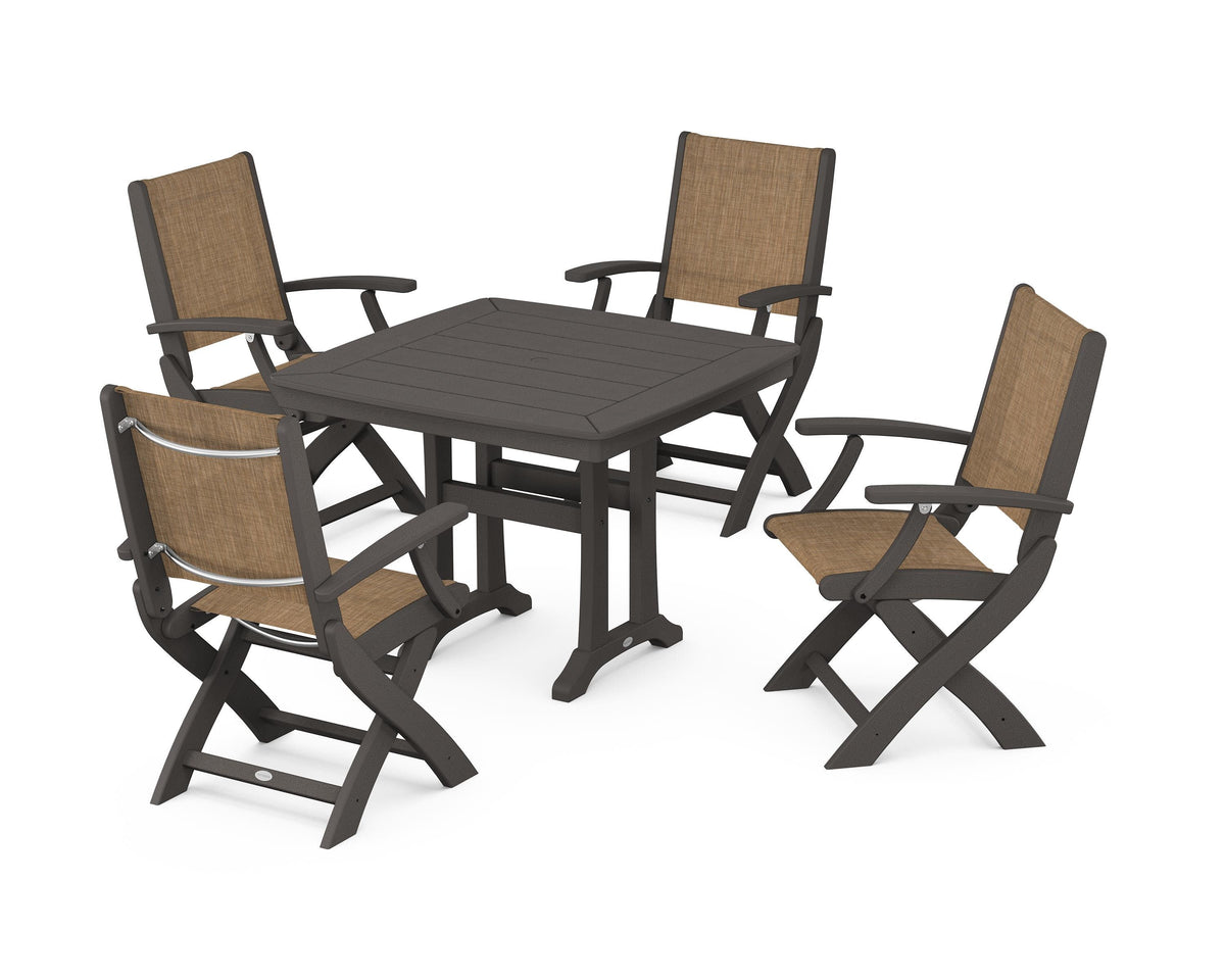 POLYWOOD Coastal Folding Chair 5-Piece Dining Set with Trestle Legs in Vintage Coffee / Burlap